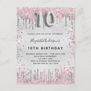 Invitation Carte Postale 10e anniversaire argent rose parties scintillant p