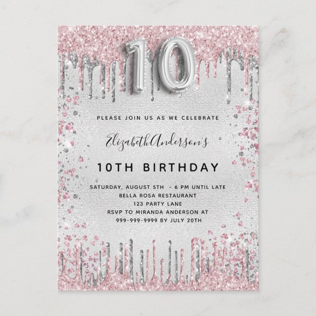 Invitation Carte Postale 10e anniversaire argent rose parties scintillant p (Devant)