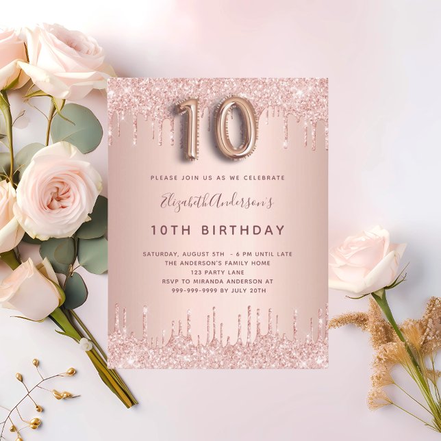 Invitation Carte Postale 10e anniversaire rose parties scintillant or goutt (Créateur téléchargé)