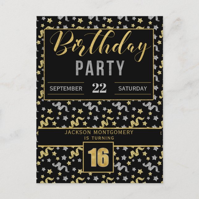 Invitation Carte Postale 16ème anniversaire Confetti en Noir et Or (Devant)