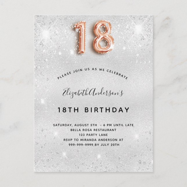 Invitation Carte Postale 18e anniversaire argent métal rose or parties scin (Devant)