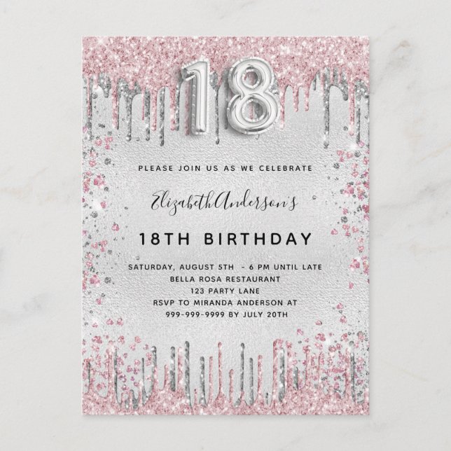 Invitation Carte Postale 18e anniversaire argent rose parties scintillant p (Devant)