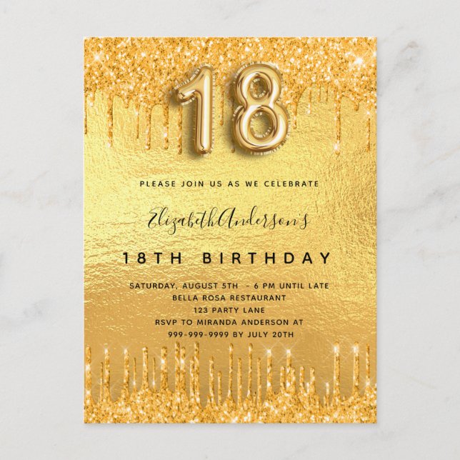 Invitation Carte Postale 18e anniversaire parties scintillant or gouttes (Devant)