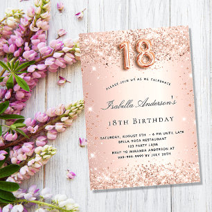 Invitation Carte Postale 18e anniversaire rose or rousse parties scintillan
