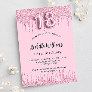 Invitation Carte Postale 18e anniversaire rose vif gouttes de parties scint