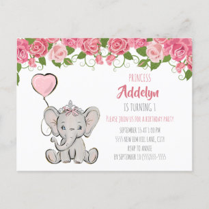 Invitation Carte Postale 1er anniversaire de la princesse Eléphant Floral r