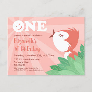 Invitation Carte Postale 1er anniversaire fête mignonne oiseau poussette ca