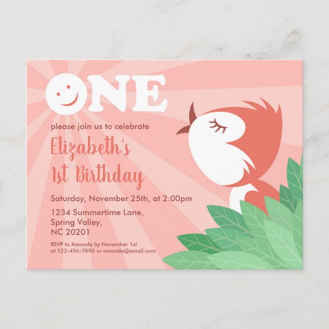 Invitation Carte Postale 1er anniversaire fête mignonne oiseau poussette ca (Devant)