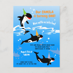 Invitation Carte Postale 1er anniversaire sous la mer orque baleine bébé fi