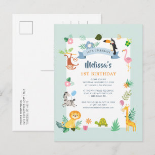 Invitation Carte Postale 1er anniversaire Wild One Jungle Animaux Theme Par