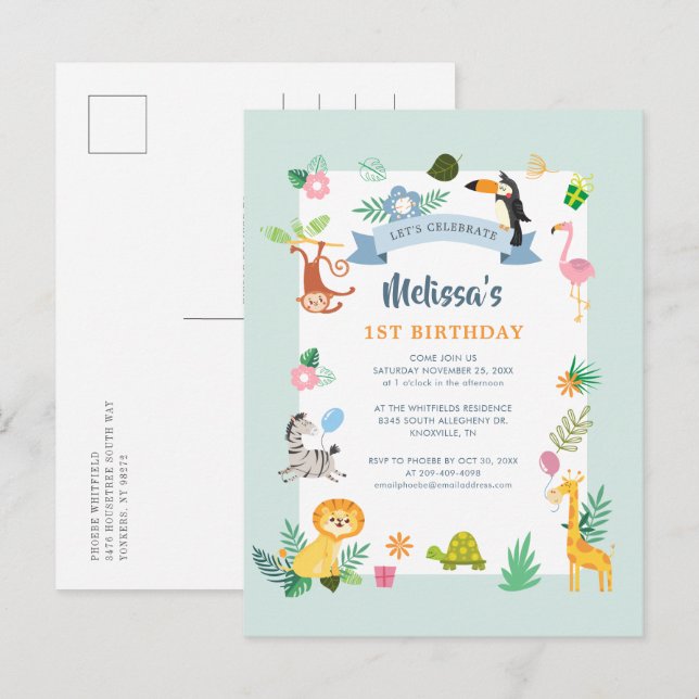 Invitation Carte Postale 1er anniversaire Wild One Jungle Animaux Theme Par (Devant / Derrière)