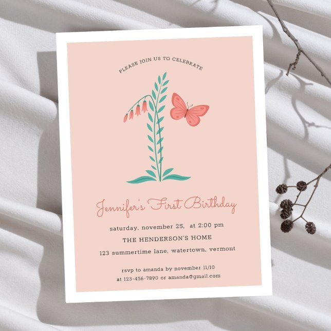 Invitation Carte Postale 1st Birthday Party Floral Botanical Butterfly (Créateur téléchargé)