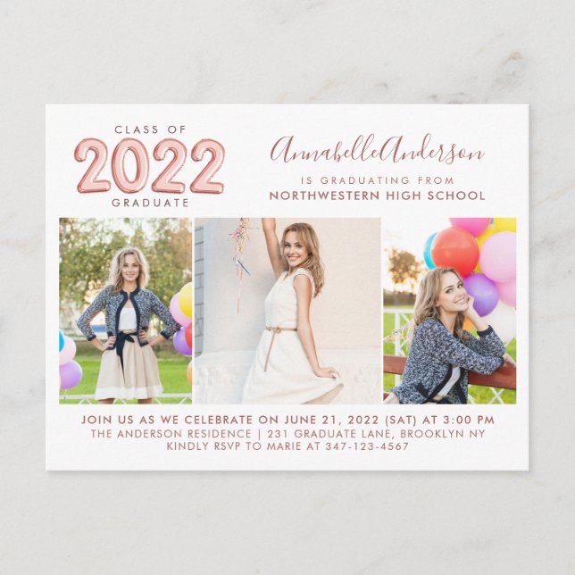 Invitation Carte Postale 2022 Graduate Rose Gold 3 Photo Graduation Party (Devant)