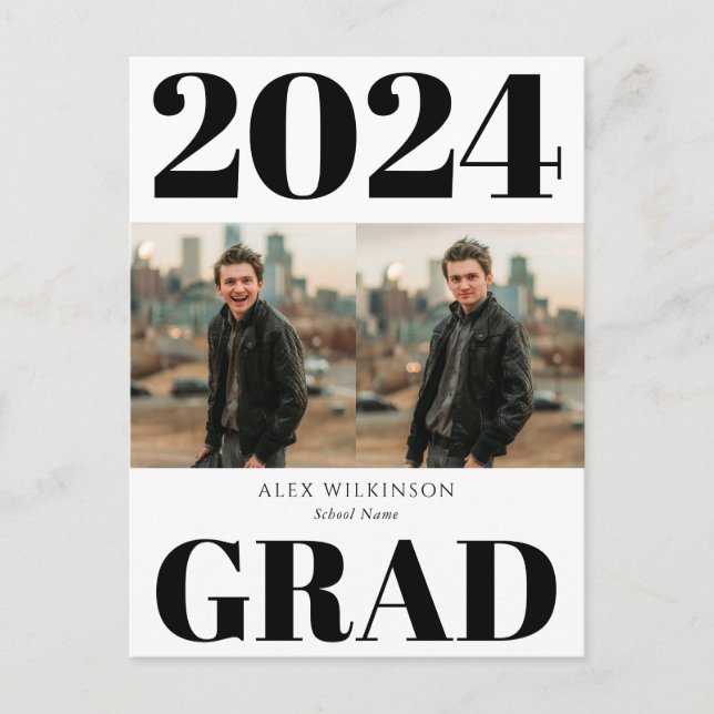Invitation Carte Postale 2022Noir Blanc Moderne Simple Script 2 Photo Grad (Devant)