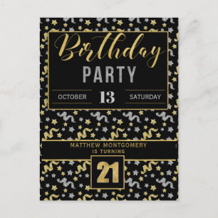 Invitation Carte Postale 21e anniversaire Confetti en Noir et Or