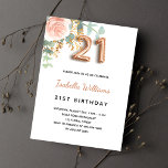 Invitation Carte Postale 21e anniversaire fleurie rose or eucalyptus vert<br><div class="desc">Une élégante invitation à une fête de 21e anniversaire. Un arrière - plan blanc chic. Décoré d'or rose et de rose pastel rose vif, de fleurs roses, de feuilles d'eucalyptus verts, de sprigs, de verdure et de faux sprigs d'or. Personnalisez et le nom et les détails du parti. Lettres noires...</div>