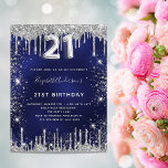 Invitation Carte Postale 21e anniversaire marine bleu argent parties scinti<br><div class="desc">Une invitation moderne, élégante et glamour pour une fête de 21e anniversaire. Un arrière - plan bleu marine, décoré avec de la poussière de parties scintillant en faux argent. Personnalisez et ajoutez votre nom et les détails de votre fête. Le numéro 21 est écrit avec une police de style ballon,...</div>