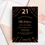 Invitation Carte Postale 21e anniversaire noir rose or étoiles élégant<br><div class="desc">Pour une soirée élégante de 21ème anniversaire. Un arrière - plan noir. Décoré d'étoiles dorées roses. Personnalisez et ajoutez un nom,  les détails de la fête,  l'année de naissance. Le nom est écrit avec un script de style manuscrit</div>