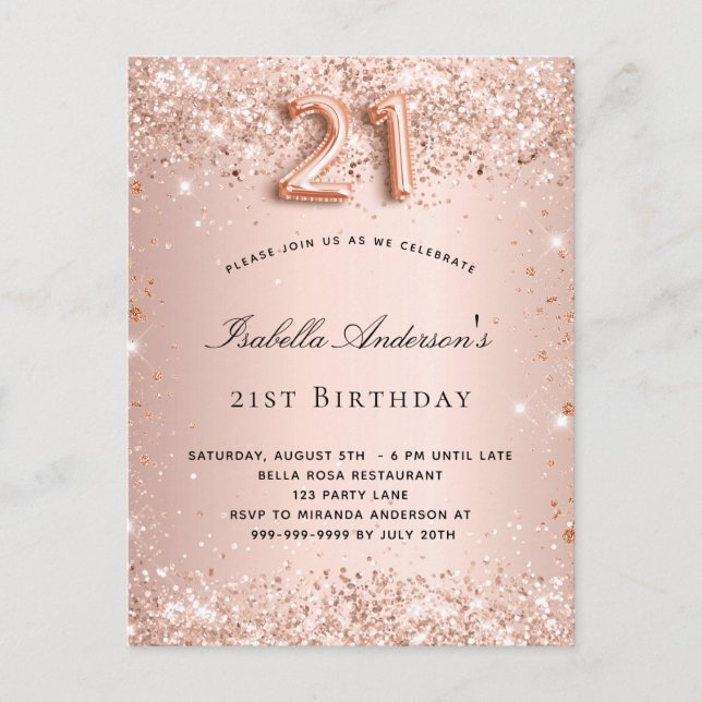 Invitation Carte Postale 21e anniversaire rose or rousse parties scintillan (Devant)