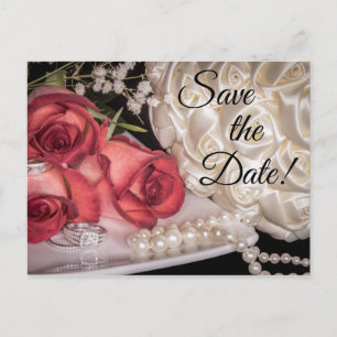 Invitation Carte Postale 2586-Roses blanches et rouges, Anneaux, Bouquet, P