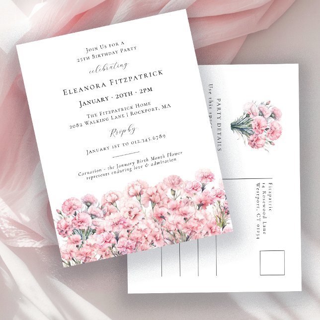 Invitation Carte Postale 25th Birthday Pink Carnation January Birth Flower (Créateur téléchargé)