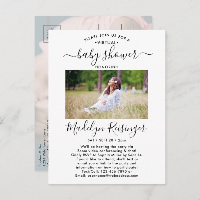 Invitation Carte Postale 2 Baby shower virtuel photo par Mail Script modern (Devant / Derrière)