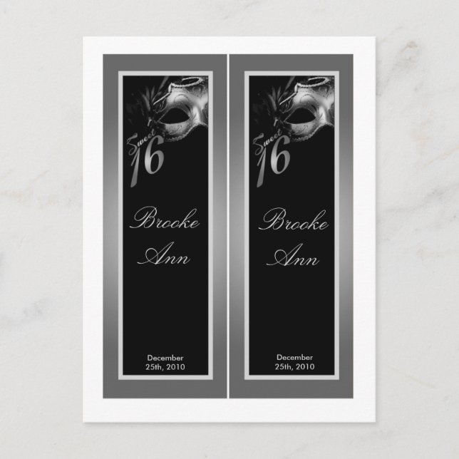 Invitation Carte Postale 2 Marques de livre Sweet 16 Silver Black Party (Devant)