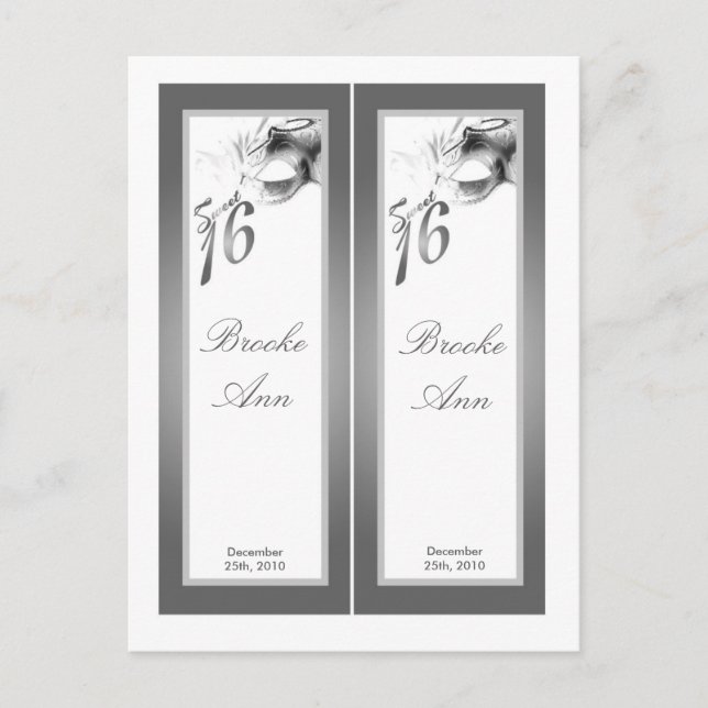 Invitation Carte Postale 2 Marques de livre Sweet 16 White Silver Party (Devant)