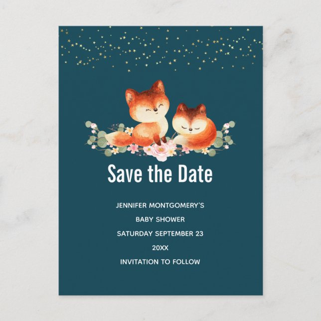 Invitation Carte Postale 2 mignons petits renards rouges Enregistrer la dat (Devant)