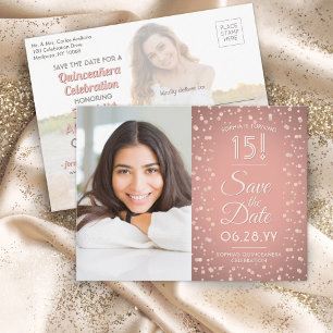 Invitation Carte Postale 2 Photo Quinceanera Rose Rose Gold Enregistrer la 