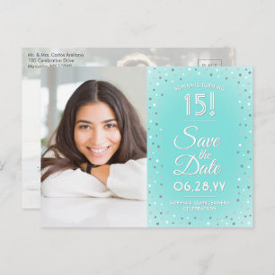 Invitation Carte Postale 2 Photo Quinceanera Turquoise Blue Silver Enregist