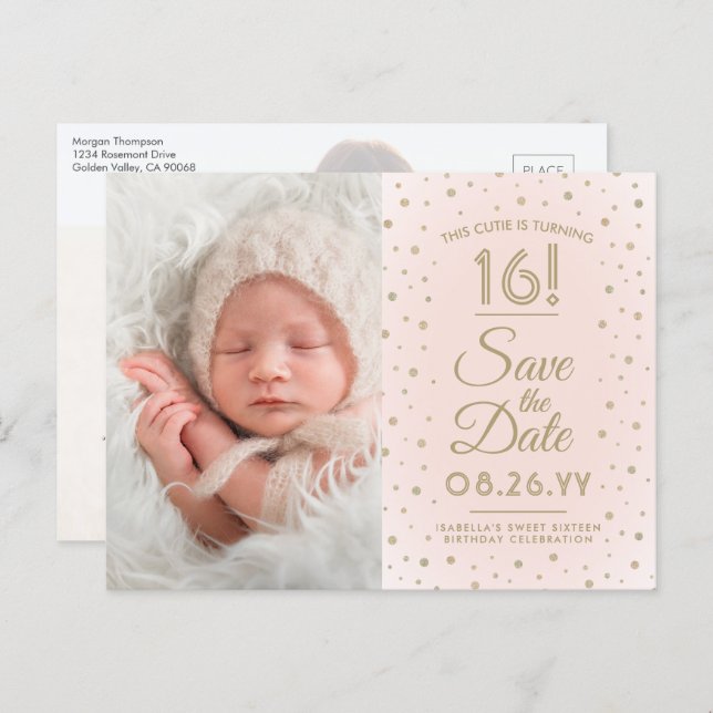 Invitation Carte Postale 2 Photo Sweet 16 Anniversaire Blush Gold Enregistr (Devant / Derrière)