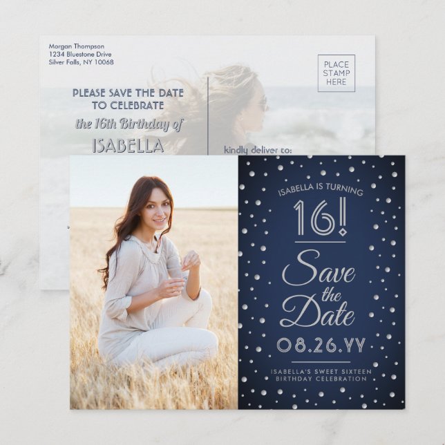 Invitation Carte Postale 2 Photo Sweet 16 Anniversaire Sauvegarder la date  (Devant / Derrière)