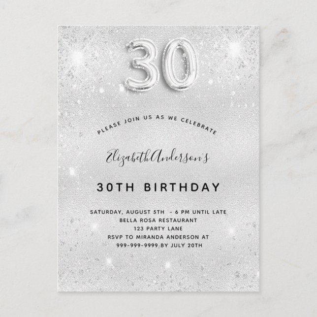 Invitation Carte Postale 30e anniversaire argent parties scintillant glamou (Devant)