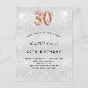 Invitation Carte Postale 30e anniversaire argent rose éclat or