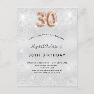 Invitation Carte Postale 30e anniversaire argent rose or parties scintillan