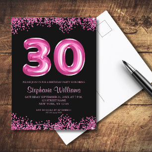 Invitation Carte Postale 30e anniversaire Black Pink Balloons Parties scint