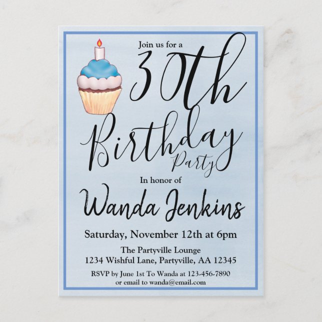 Invitation Carte Postale 30e anniversaire de Cupcake d'aquarelle bleue (Devant)