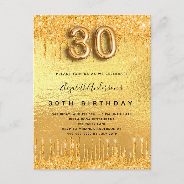 Invitation Carte Postale 30e anniversaire parties scintillant or gouttes (Devant)
