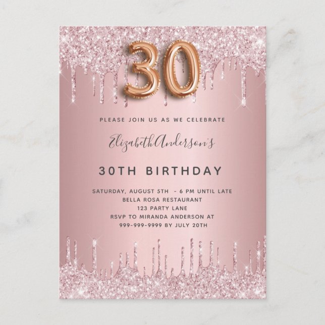 Invitation Carte Postale 30e anniversaire rose poussiéreux parties scintill (Devant)