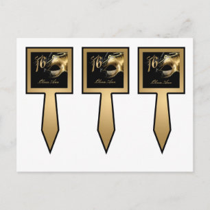 Invitation Carte Postale 3 Coupe de gâteau Picks Sweet 16 Gold Black Party