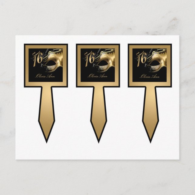Invitation Carte Postale 3 Coupe de gâteau Picks Sweet 16 Gold Black Party (Devant)