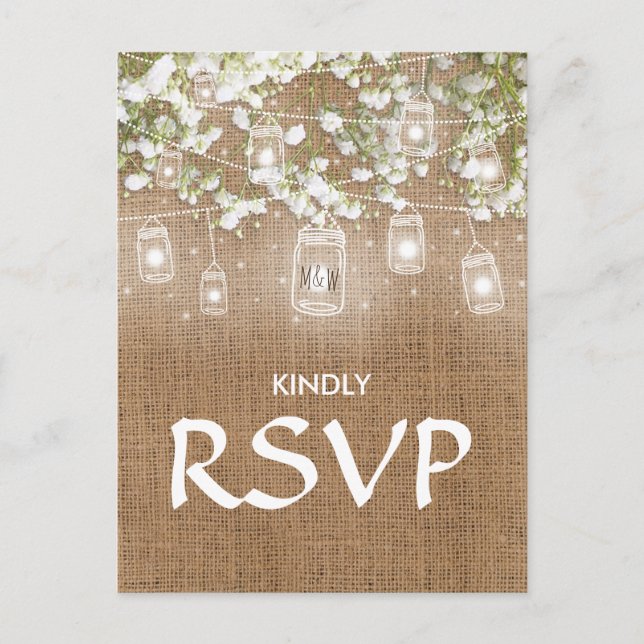 Invitation Carte Postale 3 Entree Choice RSVP Baby's Breath Rustic Burlap (Devant)
