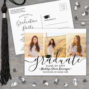 Invitation Carte Postale 3 Photo Collage moderne Script Graduation Party