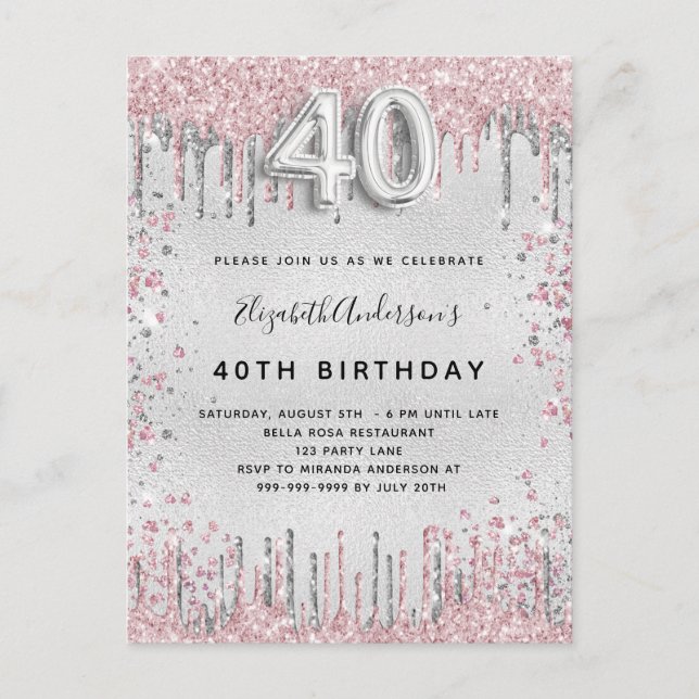 Invitation Carte Postale 40e anniversaire argent rose parties scintillant p (Devant)