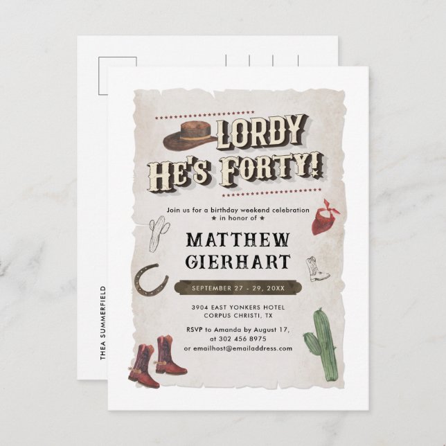 Invitation Carte Postale 40e anniversaire Cowboy Rodeo Party Retro (Devant / Derrière)