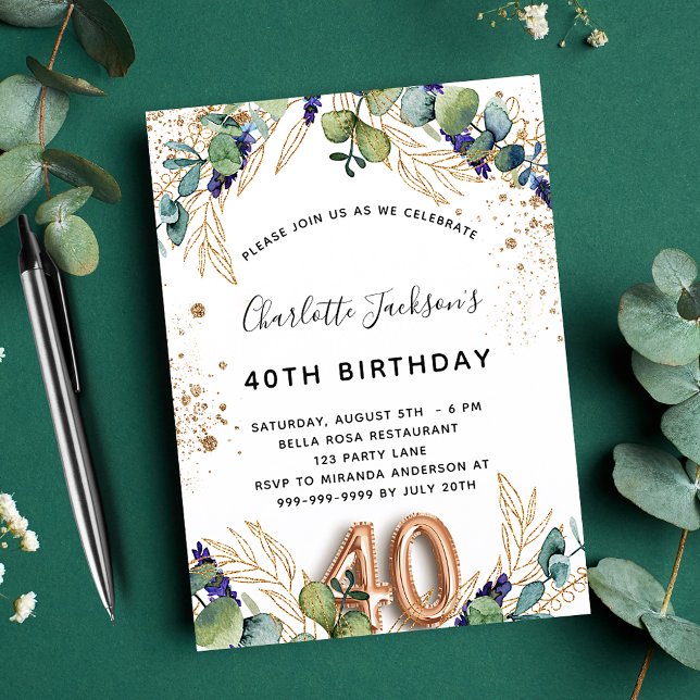 Invitation Carte Postale 40e anniversaire eucalyptus parties scintillant ve (Créateur téléchargé)