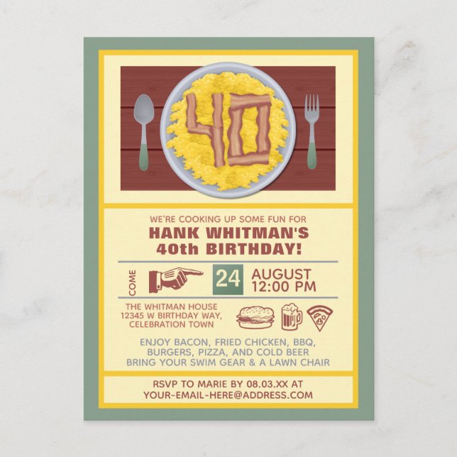 Invitation Carte Postale 40e anniversaire Fête Mens Funny Bacon Thème (Devant)