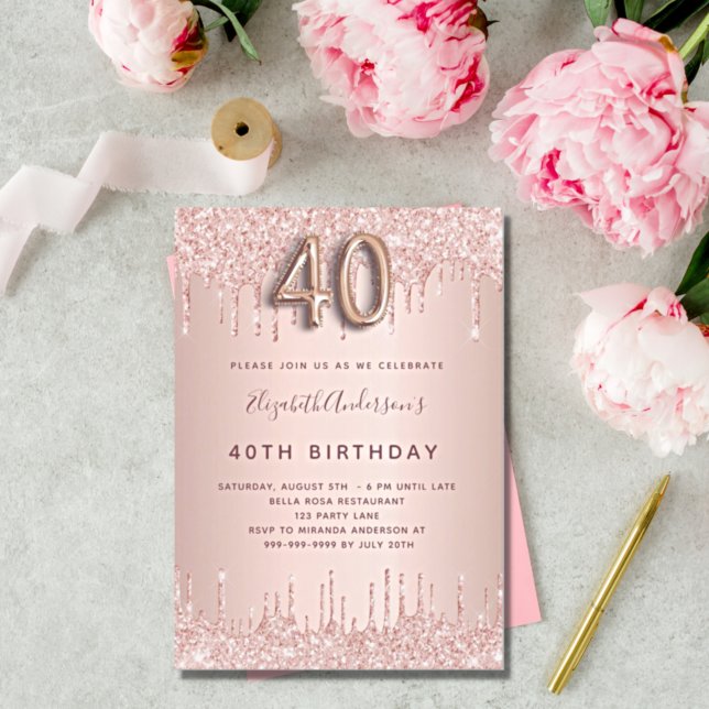 Invitation Carte Postale 40e anniversaire rose or parties scintillant rose  (Créateur téléchargé)