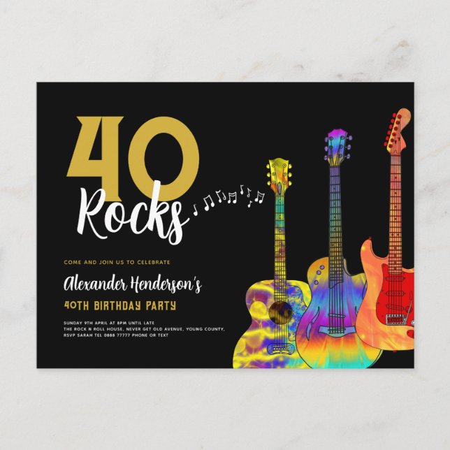 Invitation Carte Postale 40e fête d'anniversaire 40 Rocks Guitare (Devant)